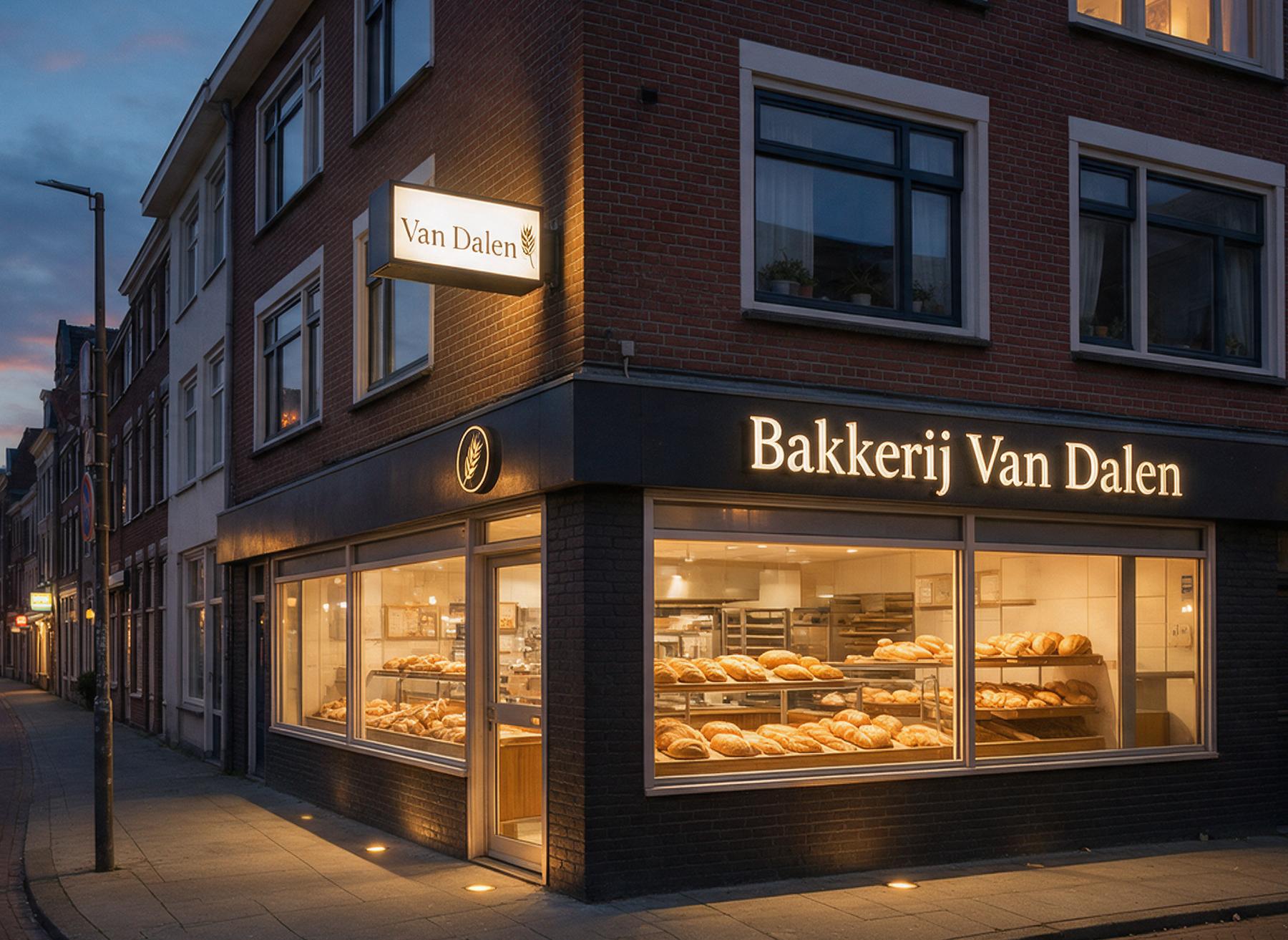 Verlichte doosletters op de luifelband boven de etalage van een bakkerij, met een lichtbak op de hoek
