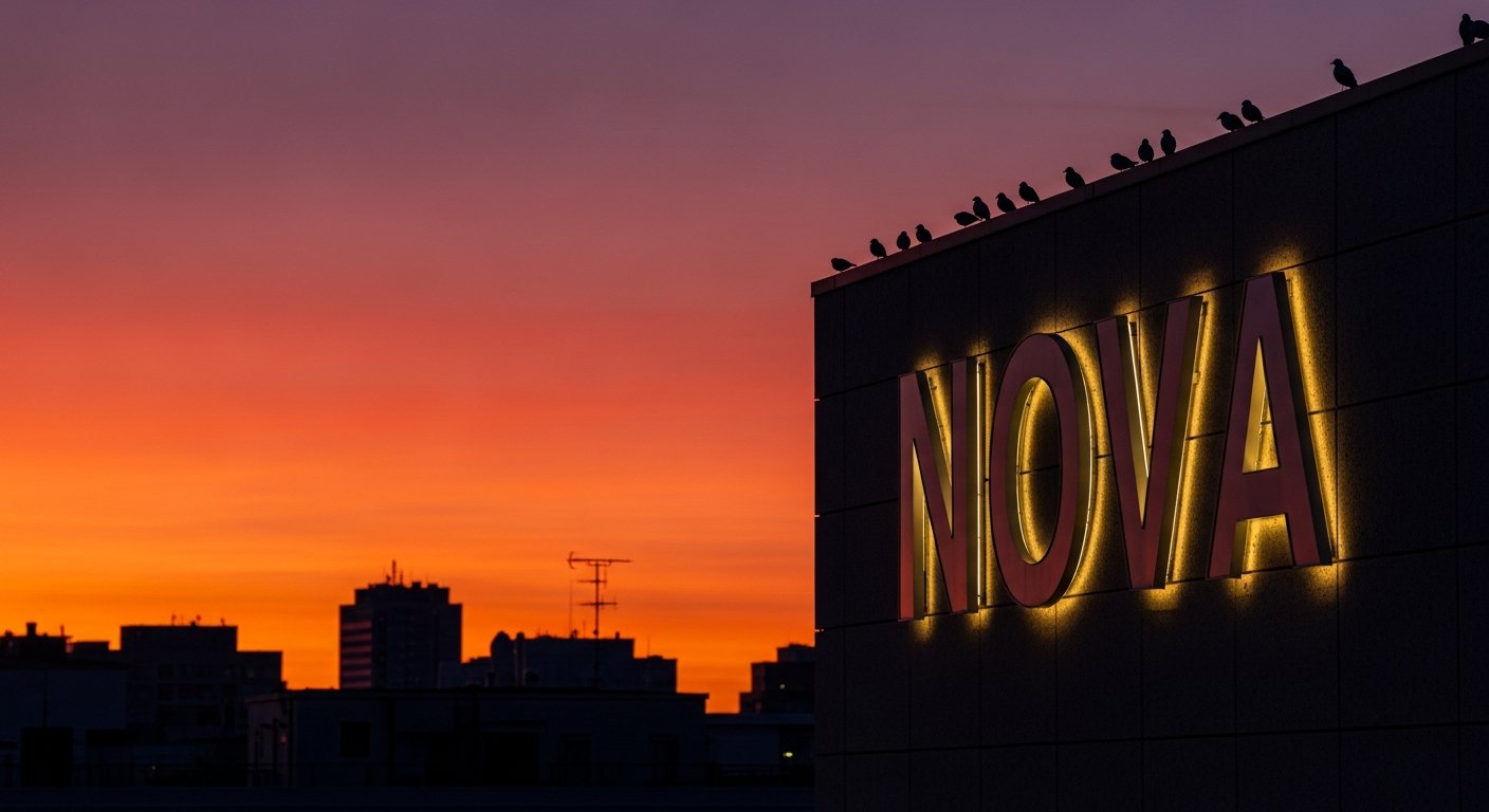 Verlichte gevelreclame van Alfa Reclame bij zonsondergang in Rotterdam